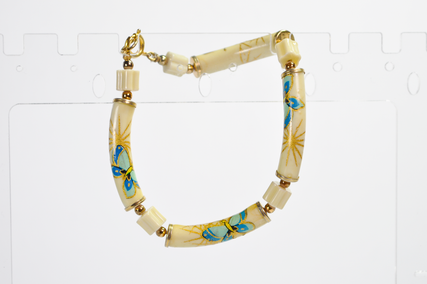 Vintage Hand-Painted Japanese Butterflies Ceramic Tube Bracelet - Genuine Japan Style Blue and Gold Painted Butterfly Tube Charm Bracelet