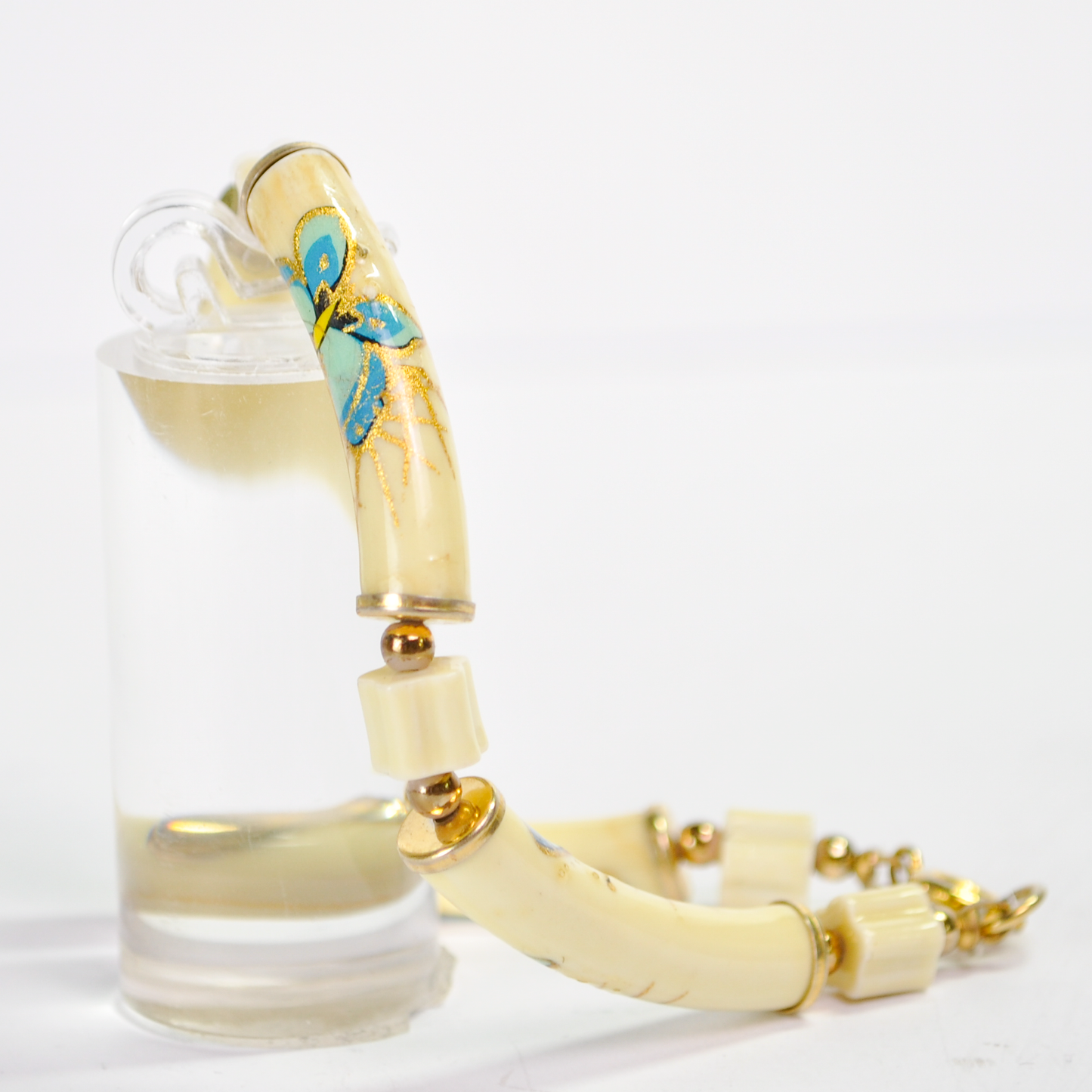 Vintage Hand-Painted Japanese Butterflies Ceramic Tube Bracelet - Genuine Japan Style Blue and Gold Painted Butterfly Tube Charm Bracelet