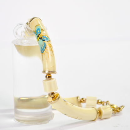 Vintage Hand-Painted Japanese Butterflies Ceramic Tube Bracelet - Genuine Japan Style Blue and Gold Painted Butterfly Tube Charm Bracelet