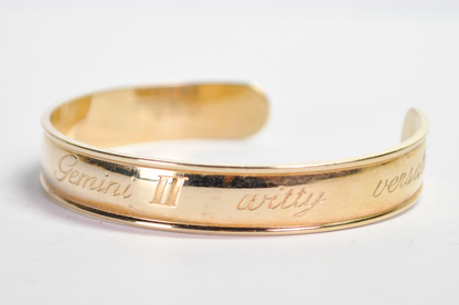 Vintage 1979 Avon Gold Tone Gemini Zodiac Sign Cuff Bracelet - Vintage 1970s Avon Signed Gemini Horoscope Astrology Bangle Cuff