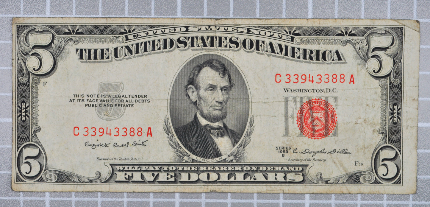 1953B Fancy Repeater Serial Number 5 Dollar Note - 33943388 - 1953 B Red Seal Five Dollar Cool Serial Note - Fr.1534