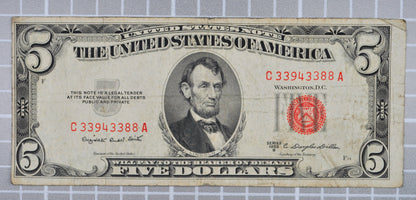 1953B Fancy Repeater Serial Number 5 Dollar Note - 33943388 - 1953 B Red Seal Five Dollar Cool Serial Note - Fr.1534