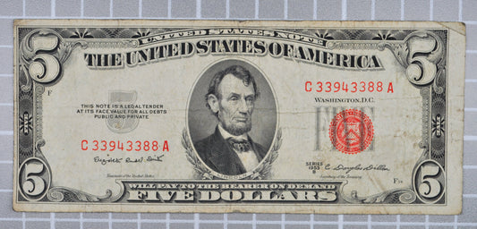 1953B Fancy Repeater Serial Number 5 Dollar Note - 33943388 - 1953 B Red Seal Five Dollar Cool Serial Note - Fr.1534