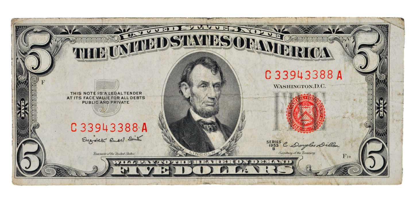 1953B Fancy Repeater Serial Number 5 Dollar Note - 33943388 - 1953 B Red Seal Five Dollar Cool Serial Note - Fr.1534