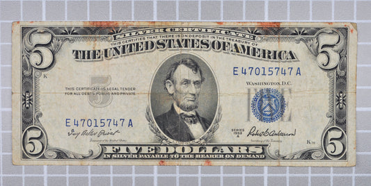 1953A Fancy Bookend Serial Number 5 Dollar Silver Cert - 47015747 - 1953-A Blue Seal Five Dollars Note Cool Serial - Fr.1656