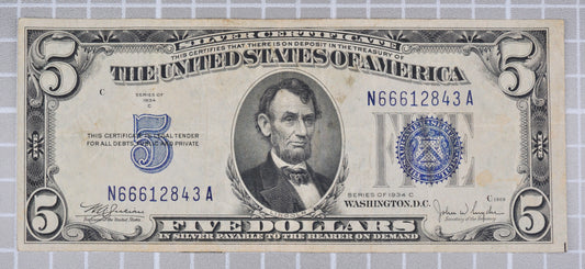 1934-C Fancy Devil 666 Serial 5 Dollar Silver Certificate - 66612843 - 1934C Five Dollar Silver Cert Devil Note - Fr#1653