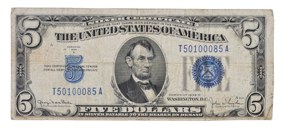 1934-D Fancy Repeating Serial 5 Dollar Silver Certificate - 50100085 - 1934D Five Dollar Silver Cert Cool Serial Note - Fr#1654