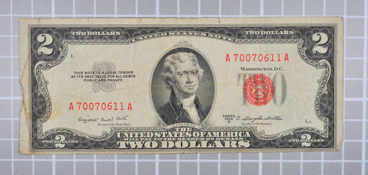 1953B Fancy Repeat Pattern Serial 2 Dollar Note - 70070611 - 1953-B Two Dollar Cool Serial Legal Tender Note - Fr#1511