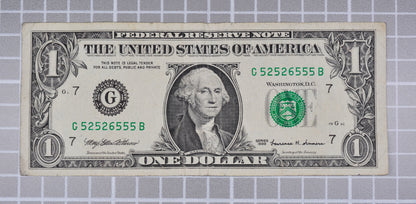 1999 Fancy Repeating Trinary Serial 1 Dollar Note - 52526555 - (G) Chicago - 1999 One Dollar Green Seal Fancy Serial Note - Fr#1925-G