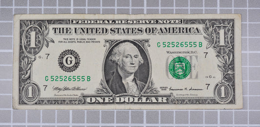 1999 Fancy Repeating Trinary Serial 1 Dollar Note - 52526555 - (G) Chicago - 1999 One Dollar Green Seal Fancy Serial Note - Fr#1925-G