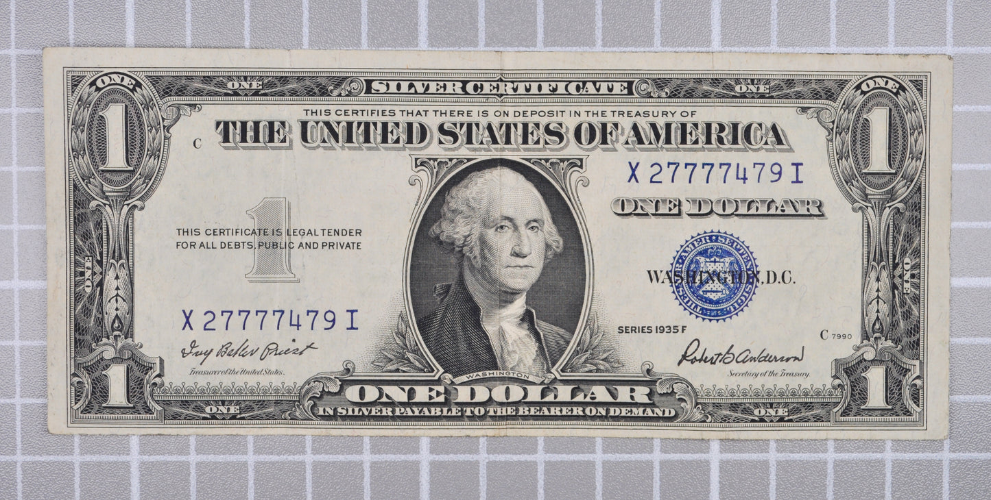 1935 F Fancy Lucky 777 Serial Number 1 Dollar Silver Cert - 27777479 - 1935F Blue Seal Silver Repeating Serial Note - Fr.1615
