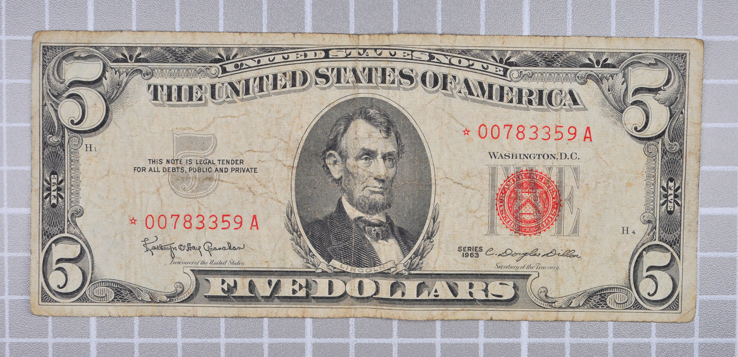 1963 Red Seal 5 Dollar Low Serial Number Star Note - Very Fine (VF) - 00783359 - 1963 Five Dollar US Legal Star Note - Fr#1536*