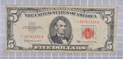 1963 Red Seal 5 Dollar Low Serial Number Star Note - Very Fine (VF) - 00783359 - 1963 Five Dollar US Legal Star Note - Fr#1536*