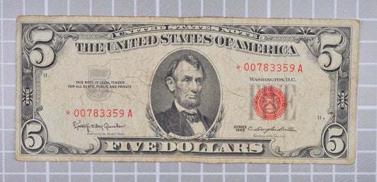 1963 Red Seal 5 Dollar Low Serial Number Star Note - Very Fine (VF) - 00783359 - 1963 Five Dollar US Legal Star Note - Fr#1536*