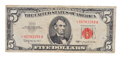 1963 Red Seal 5 Dollar Low Serial Number Star Note - Very Fine (VF) - 00783359 - 1963 Five Dollar US Legal Star Note - Fr#1536*