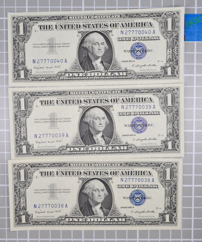 Consecutive Trio 1957 A Fancy Lucky 777 Serial 1 Dollar Silver Certificates - Uncirculated (UNC) - 1957A Blue Seal Sequential Set - Fr#1620