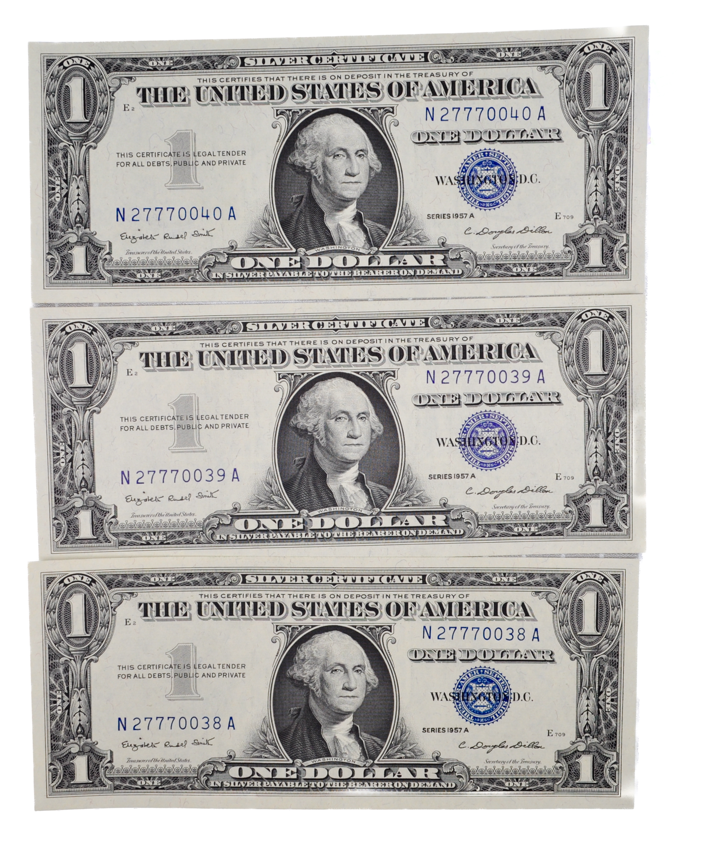 Consecutive Trio 1957 A Fancy Lucky 777 Serial 1 Dollar Silver Certificates - Uncirculated (UNC) - 1957A Blue Seal Sequential Set - Fr#1620