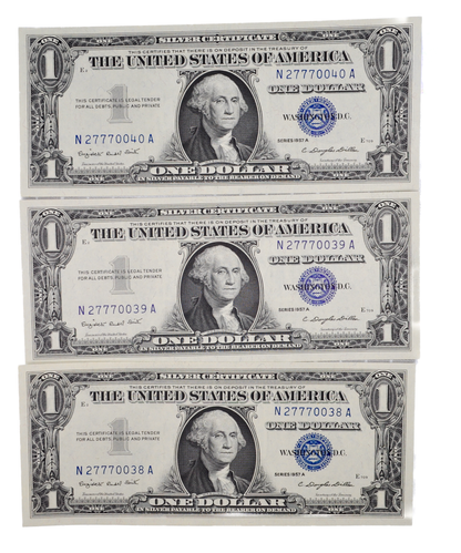 Consecutive Trio 1957 A Fancy Lucky 777 Serial 1 Dollar Silver Certificates - Uncirculated (UNC) - 1957A Blue Seal Sequential Set - Fr#1620