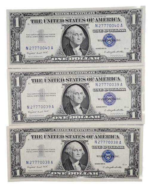 Consecutive Trio 1957 A Fancy Lucky 777 Serial 1 Dollar Silver Certificates - Uncirculated (UNC) - 1957A Blue Seal Sequential Set - Fr#1620