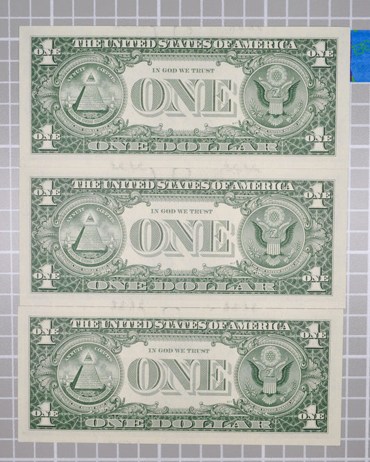 Consecutive Trio 1957 A Fancy Lucky 777 Serial 1 Dollar Silver Certificates - Uncirculated (UNC) - 1957A Blue Seal Sequential Set - Fr#1620