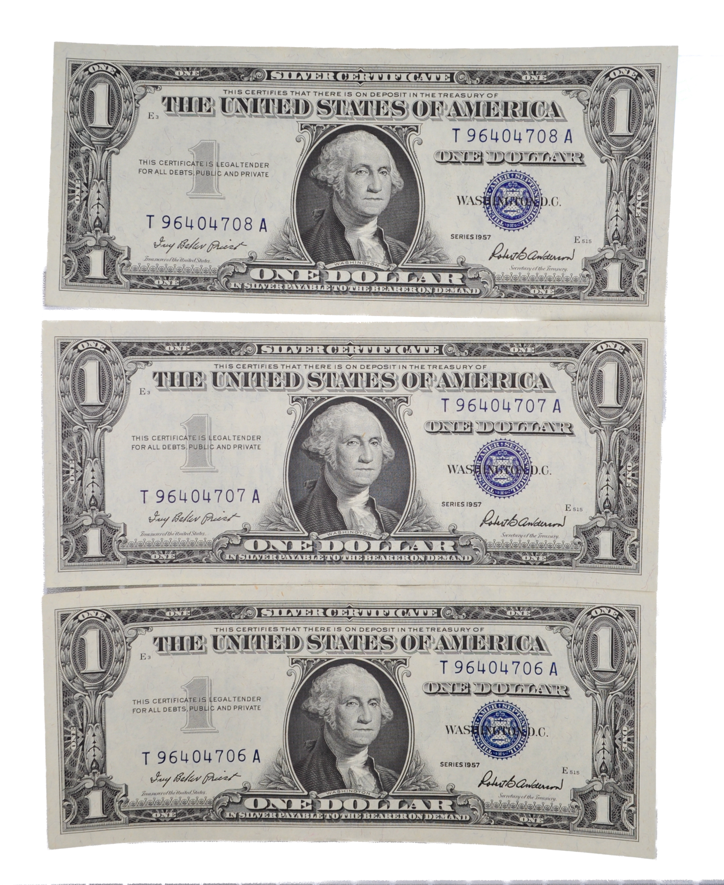1957 Silver Certificate 1 Dollar Note Consecutive Trio - Almost Uncirculated (AU) - 1957 Blue Seal Note Sequential Set - Fr#1619