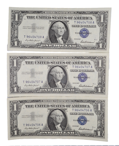1957 Silver Certificate 1 Dollar Note Consecutive Trio - Almost Uncirculated (AU) - 1957 Blue Seal Note Sequential Set - Fr#1619