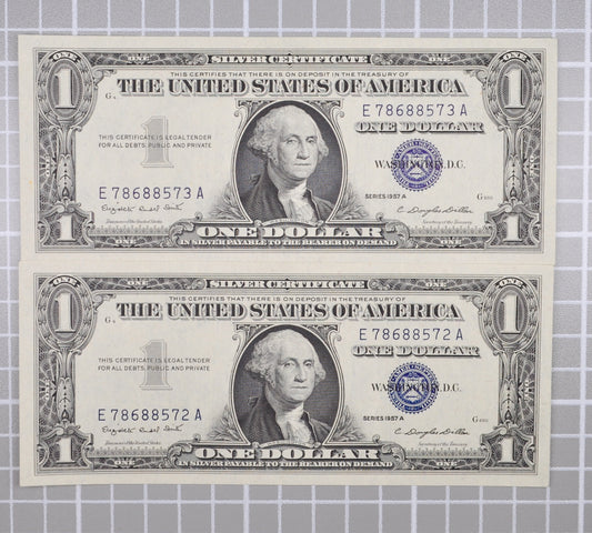 Consecutive Duo 1957 A Silver Certificate 1 Dollar Notes - Uncirculated (UNC) - 1957A Silver Cert Sequential Serial Note Set - Fr#1620