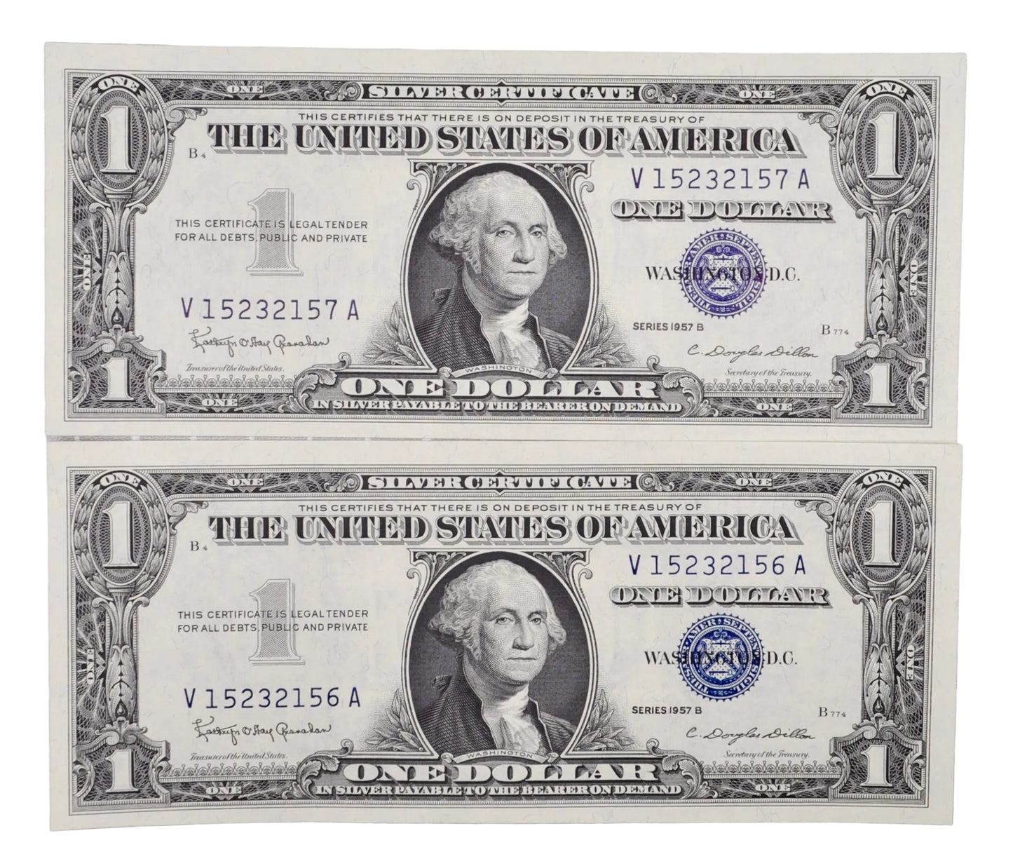 1957 B Silver Certificate 1 Dollar Notes Pair - Consecutive Serial Numbers - 1957B One Dollar Set of 2 Sequential Banknotes - Fr#1621 (Copy)