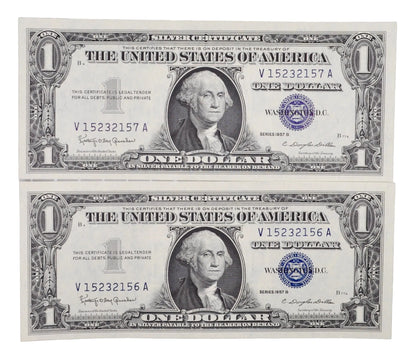 1957 B Silver Certificate 1 Dollar Notes Pair - Consecutive Serial Numbers - 1957B One Dollar Set of 2 Sequential Banknotes - Fr#1621 (Copy)