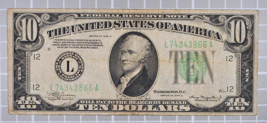 1934-A Federal Reserve 10 Dollar Note - Very Fine (VF) - San Francisco (L) - 1934A Green Seal Ten Dollar San Francisco Note - Fr#2006-L
