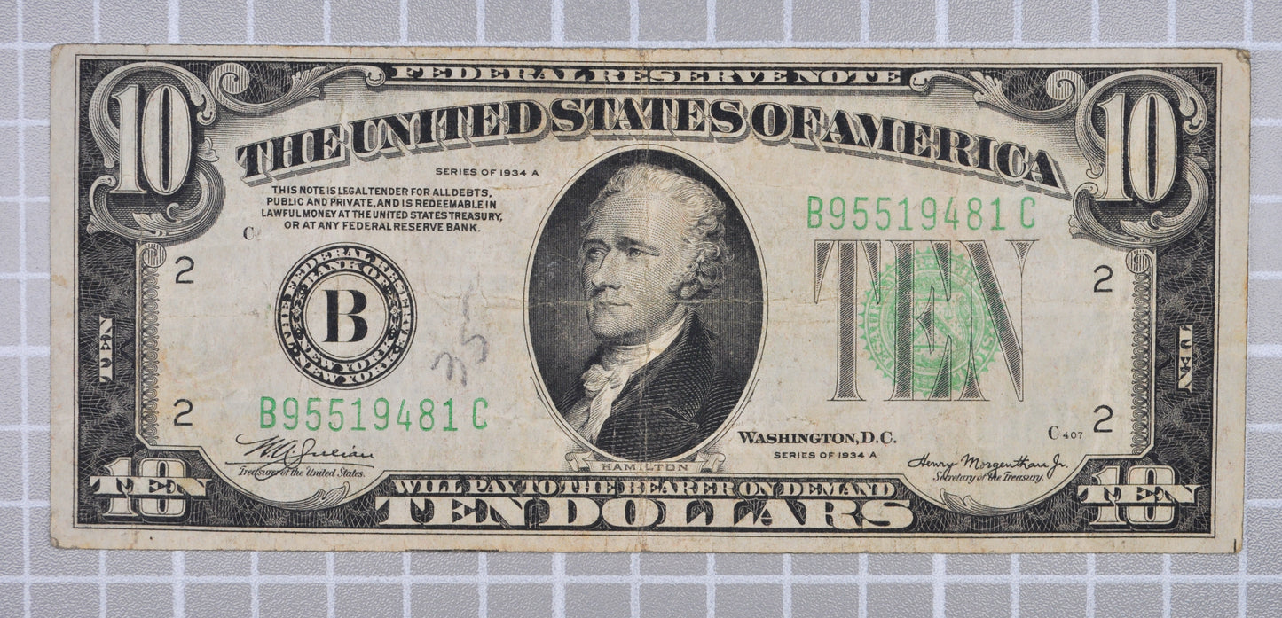 1934-A Federal Reserve 10 Dollar Note - Very Fine (VF) - New York (B) Issue - 1934A Green Seal Ten Dollar Note - Fr#2006-B