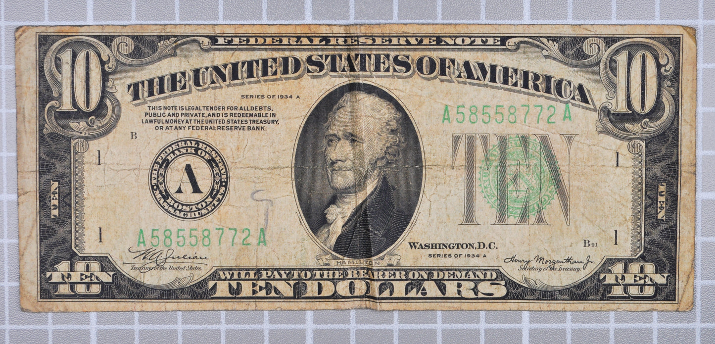 1934-A Federal Reserve 10 Dollar Note - Fine (F) - Boston (A) Issue - 1934A Green Seal Ten Dollar Star Note - Fr#2006-A
