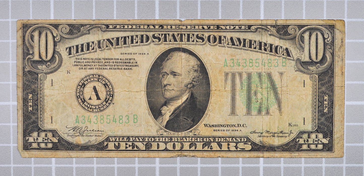 1934-A Federal Reserve 10 Dollar Note - Fine (F) - Boston (A) Issue - 1934A Green Seal Ten Dollar Star Note - Fr#2006-A
