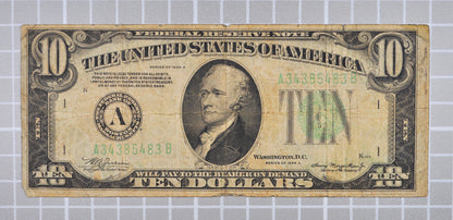 1934-A Federal Reserve 10 Dollar Note - Fine (F) - Boston (A) Issue - 1934A Green Seal Ten Dollar Star Note - Fr#2006-A