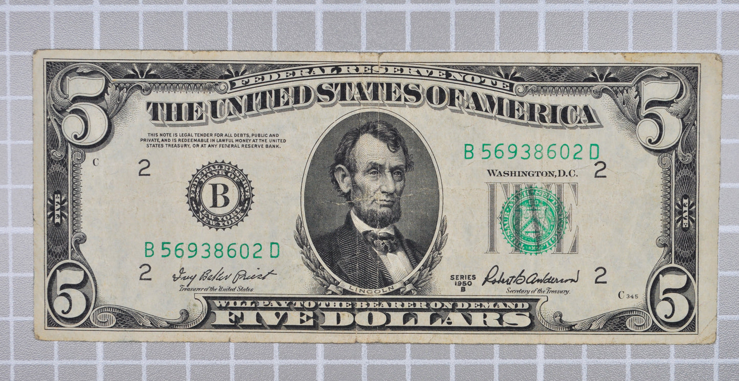 1950-B 5 Dollar Federal Reserve Note - New York (B) - Very Fine (VF) - 1950B Five Dollar Federal Reserve NY Note - Fr#1963-B