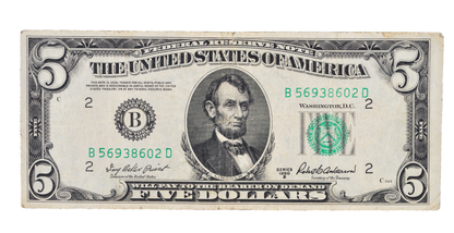 1950-B 5 Dollar Federal Reserve Note - New York (B) - Very Fine (VF) - 1950B Five Dollar Federal Reserve NY Note - Fr#1963-B