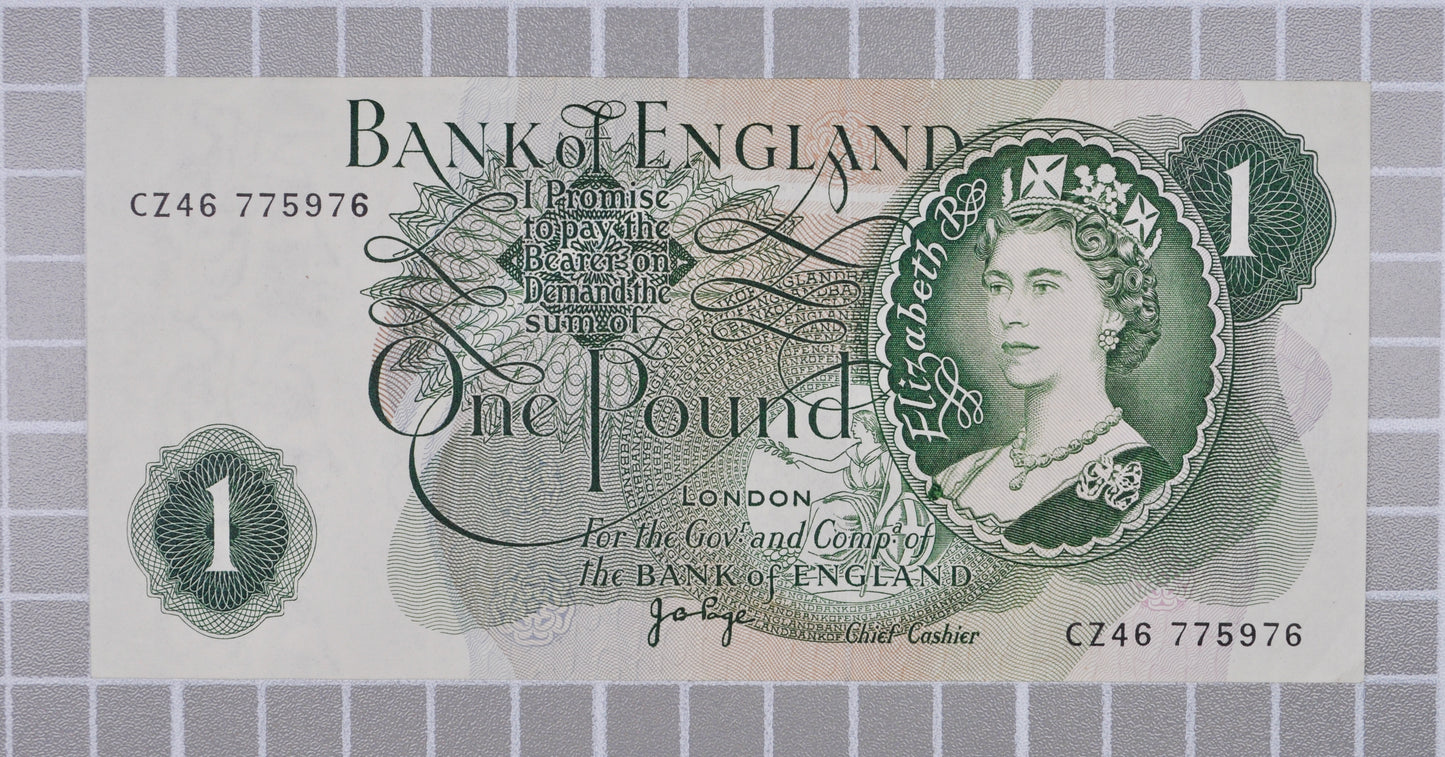 1970-77 Bank of England 1 Pound Note - J. B. Page Signature - Queen Elizabeth II Portrait Type - 1970 One Pound English Banknote - P#374g