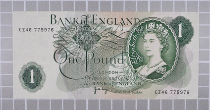 1970-77 Bank of England 1 Pound Note - J. B. Page Signature - Queen Elizabeth II Portrait Type - 1970 One Pound English Banknote - P#374g