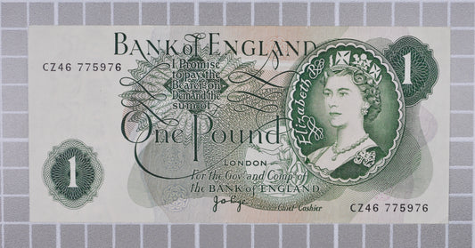 1970-77 Bank of England 1 Pound Note - J. B. Page Signature - Queen Elizabeth II Portrait Type - 1970 One Pound English Banknote - P#374g