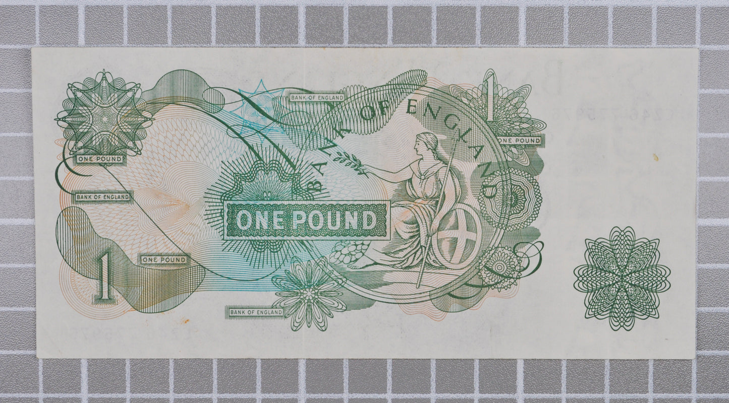 1970-77 Bank of England 1 Pound Note - J. B. Page Signature - Queen Elizabeth II Portrait Type - 1970 One Pound English Banknote - P#374g