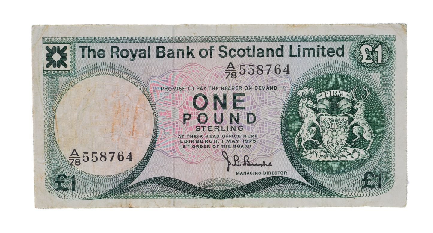 1975 Royal Bank of Scotland 1 Pound Banknote - May 1st, 1975 Date - Very Fine (VF) - 1975 Scottish One Pound Sterling Note - P#336a