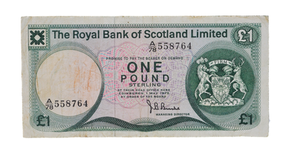 1975 Royal Bank of Scotland 1 Pound Banknote - May 1st, 1975 Date - Very Fine (VF) - 1975 Scottish One Pound Sterling Note - P#336a