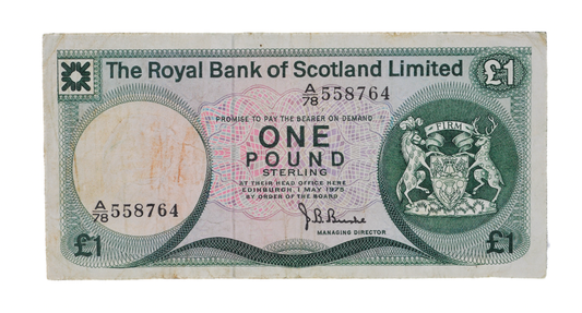 1975 Royal Bank of Scotland 1 Pound Banknote - May 1st, 1975 Date - Very Fine (VF) - 1975 Scottish One Pound Sterling Note - P#336a