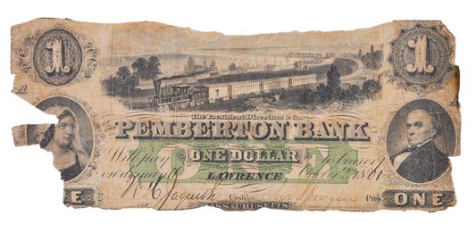 1861 Lawrence MA Pemberton Bank 1 Dollar Banknote - RARE Massachusetts Obsolete Note - 1861 Lawrence Massachusetts One Dollar Obsolete Note