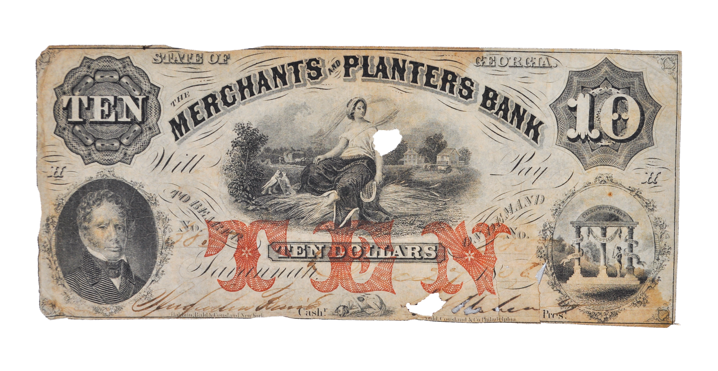 Billete de 1 dólar del Merchants and Planters Bank del siglo XIX - Moneda obsoleta de Georgia - Savannah, GA - Billete de un dólar de Georgia sin fecha de la década de 1850