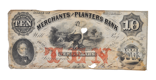 1856 Merchants and Planters Bank 10 Dollar Banknote - Georgia Obsolete Currency - Savannah, GA - 1856 Ten Dollars Georgia Bank Note