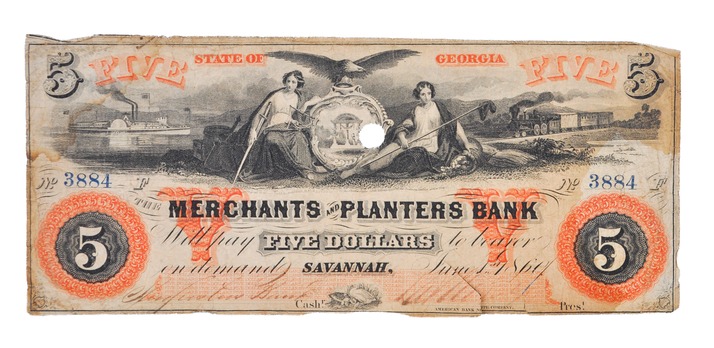 1860 Merchants and Planters Bank 5 Dollar Banknote - Georgia Obsolete Currency - Savannah, GA - 1860 Five Dollars Georgia Bank Note