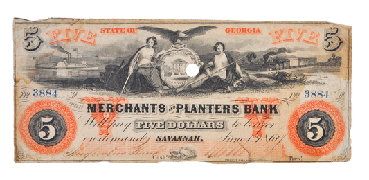 1860 Merchants and Planters Bank 5 Dollar Banknote - Georgia Obsolete Currency - Savannah, GA - 1860 Five Dollars Georgia Bank Note