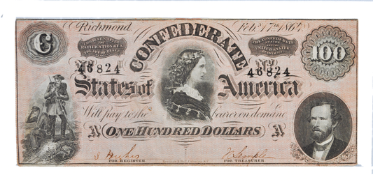 1864 Confederate States of America 100 Dollar Note - XF Pinhole Grade - 1864 One Hundred Dollar Confederacy Banknote - CS-65/T-65