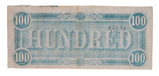 1864 Confederate States of America 100 Dollar Note - XF Pinhole Grade - 1864 One Hundred Dollar Confederacy Banknote - CS-65/T-65